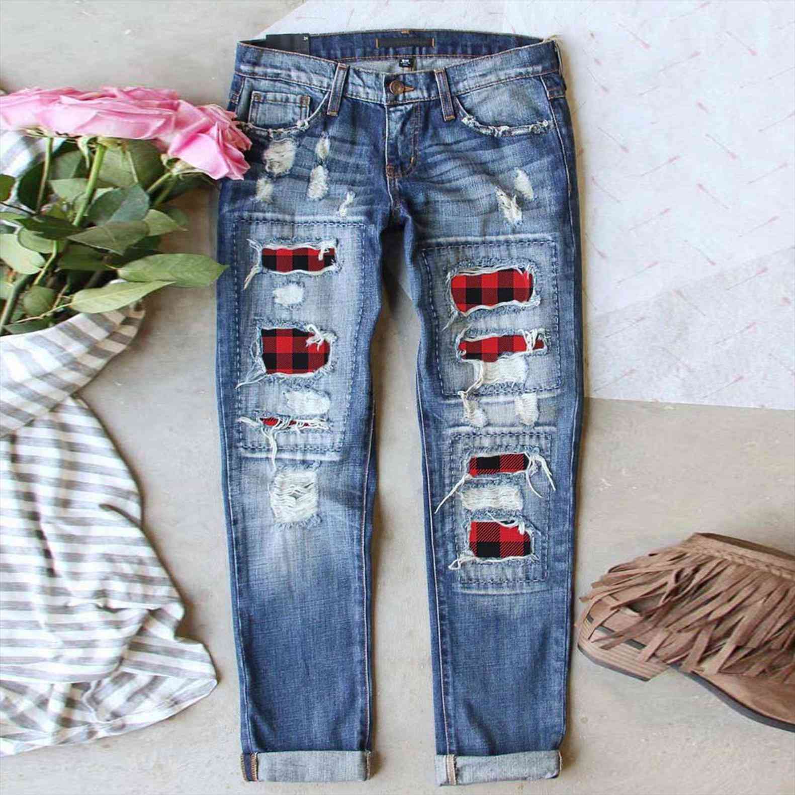 

fashion ripped hole plaid patch women shorts patchwork long jeans denim pants trousers, White;black