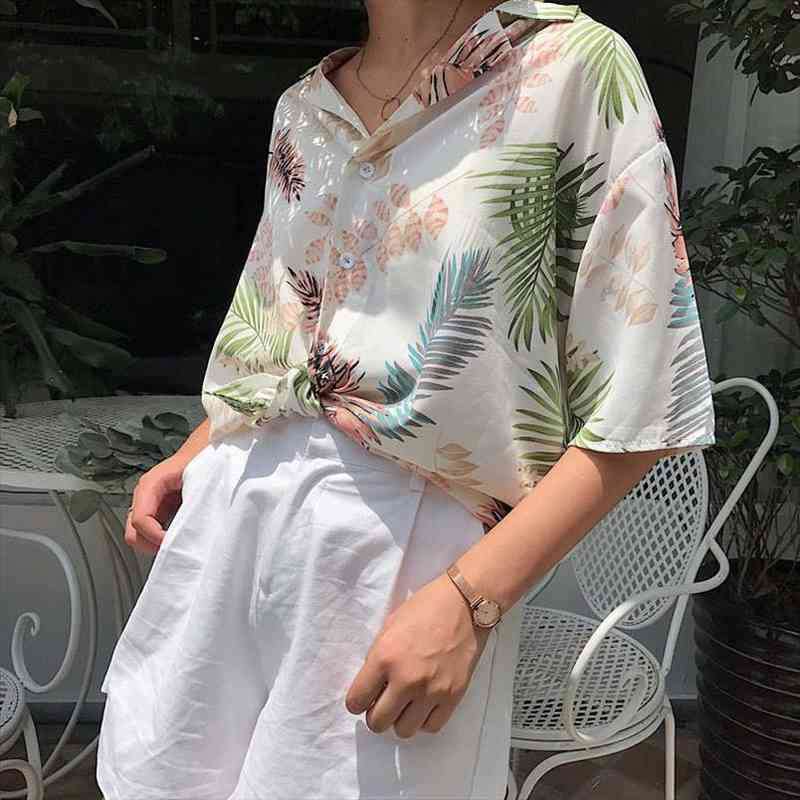 

Summer Women Casual Tops Half Sleeve Floral Blouses Loose Beach Shirt Blusas Feminina, White