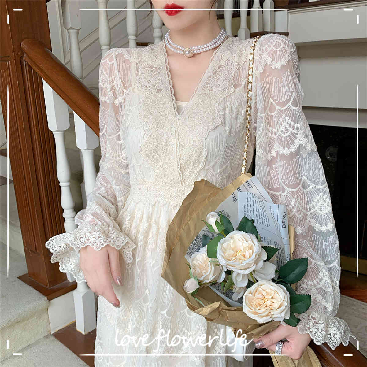 

French Vintage Dress Women Casual Long Sleeve Lace Dress Korean Evening Party Retro Elegant Dress Female Autumn 210521, Apricot