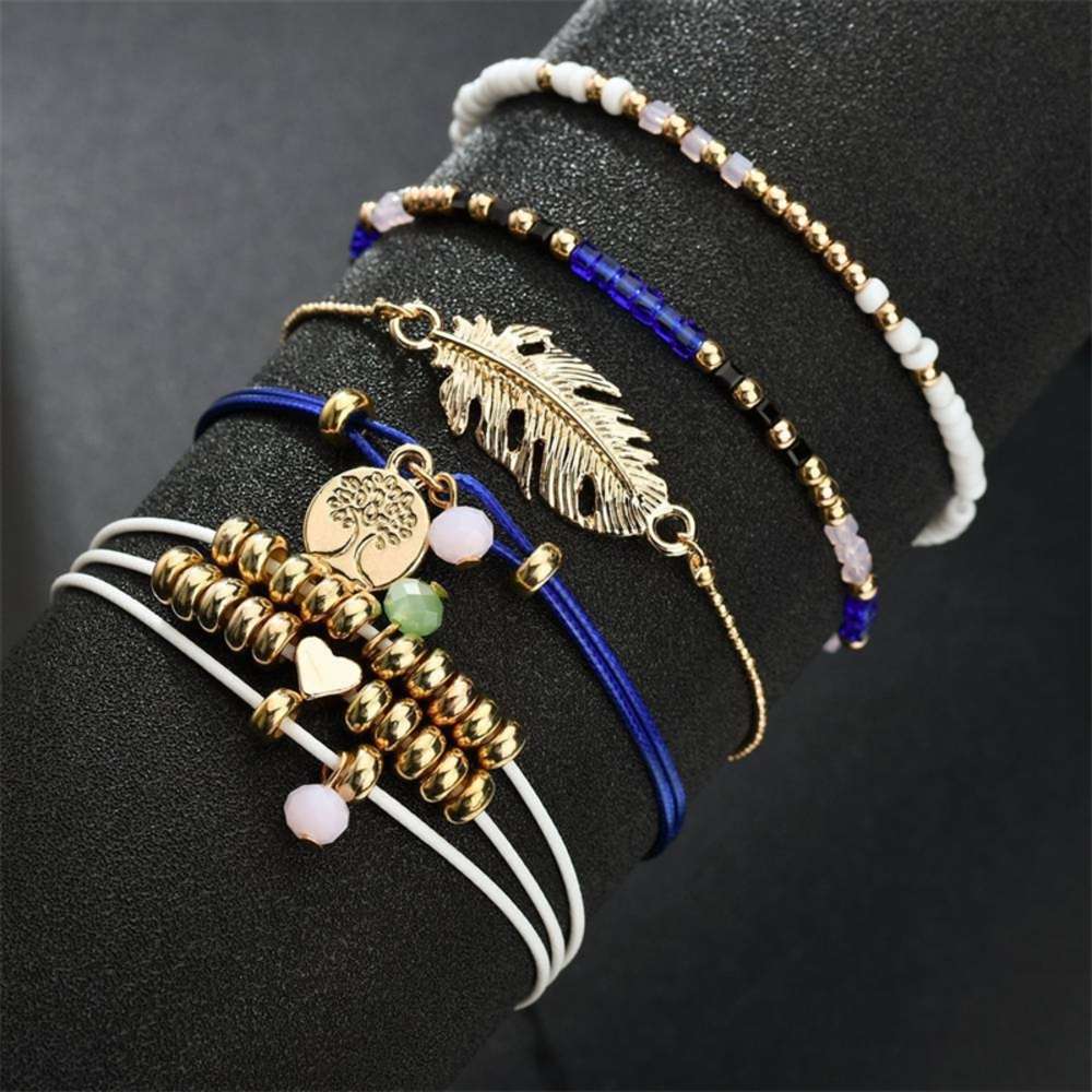 Friendship bracelet combination set 5-piece women&#039;s summer crystal bead feather peach heart wax rope hand knitting-image-695403273
