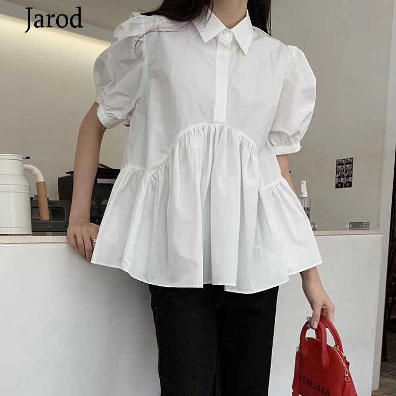 

Korean Fashion Solid Puff Sleeve Blouse Women Pleated Hem Design Summer Clothing Simple White Laides 210526, Photo color