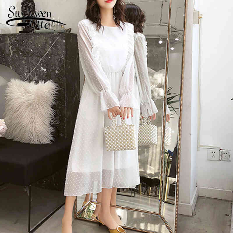 

Ruffles Polka Dot Women Chiffon Dress Elastic Waist Female Long Vestidos Retro A-line Elegant White 3508 50 210521