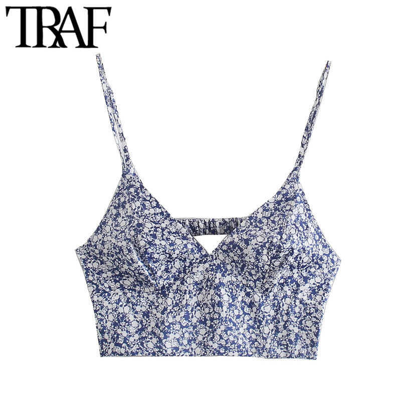 

TRAF Women Fashion Floral Print Cropped Tank Tops Vintage Backless Waist Side Zipper Thin Straps Female Camis Mujer 210616, As picture