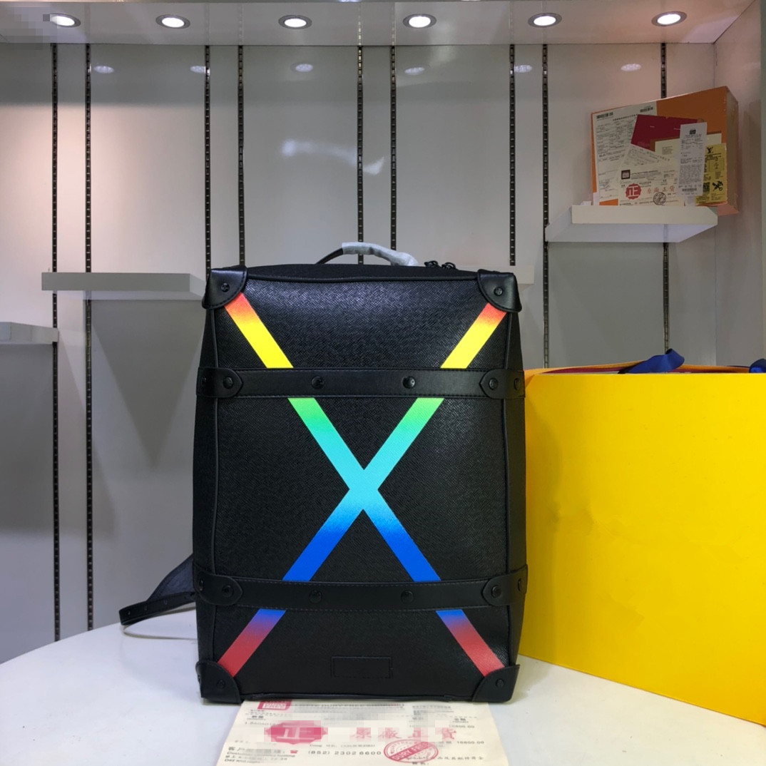 

Top quality male designer backpacks withs large capacity backpack with rainbow color X pattern adjustable leather shoulder M30337, 26.0 x 37.0 x 14.0 cm