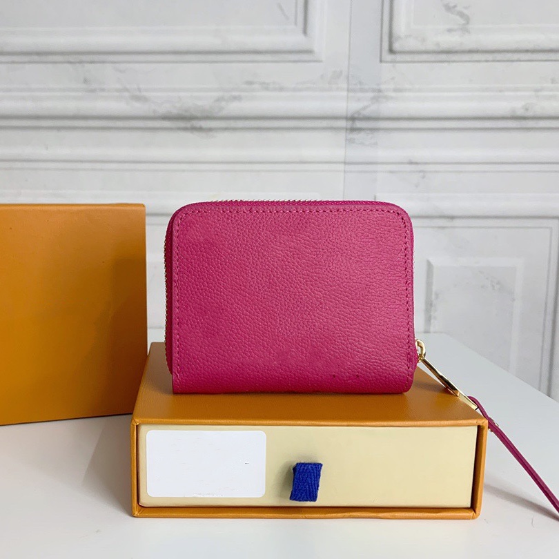 

Empreinte Leather Short Wallets with Long Tassel Zipper Vibrant Colors Pink Orange Fushia Dark Red Black Fashion Coin Purse Flower Imprinted Square Little Wallet