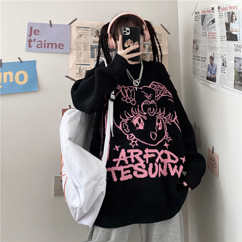

Women's Sweaters Woman around her neck letter from the jacquard cartoon female sweater bf student loose top GNI8, 1# shoe box