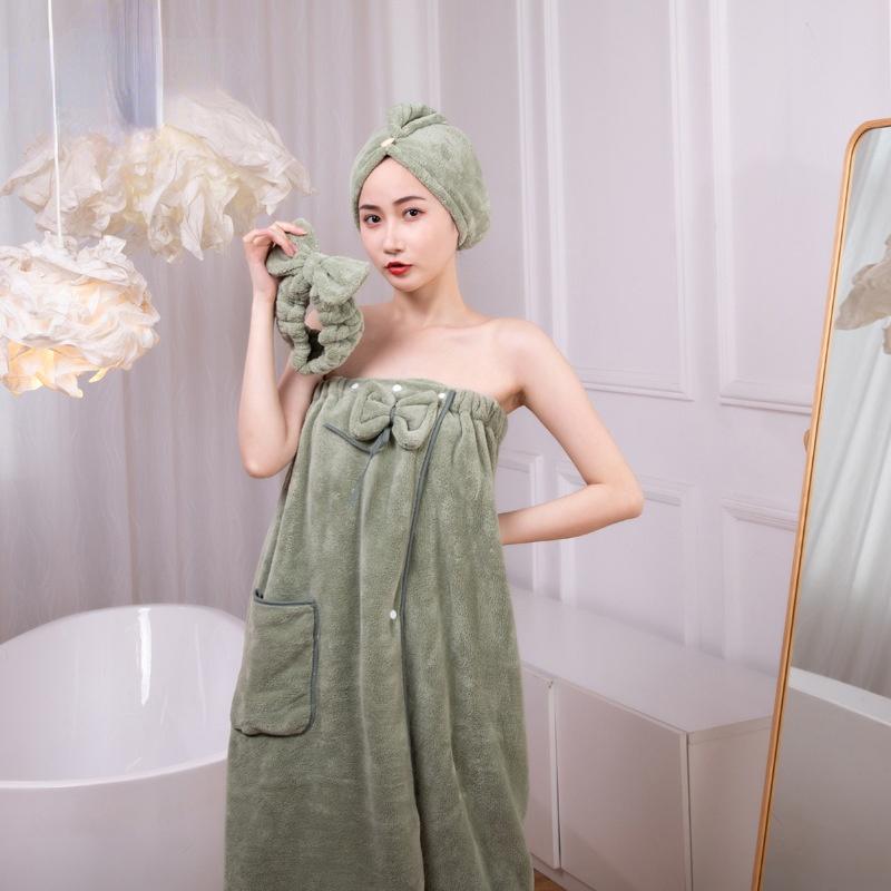 

Towel Coral Fleece Bath Dress Hairband Gift Set Soft And Absorbent Without Shed Hair Bow Tube Top Dry Cap, Green