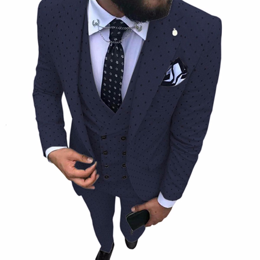 

Men' Suits & Blazers Navy blue poika dot suit 3-pieces most recent jacket pants notch lapels tux pattern wedding/party wear (blazer + vest pan, Picture style
