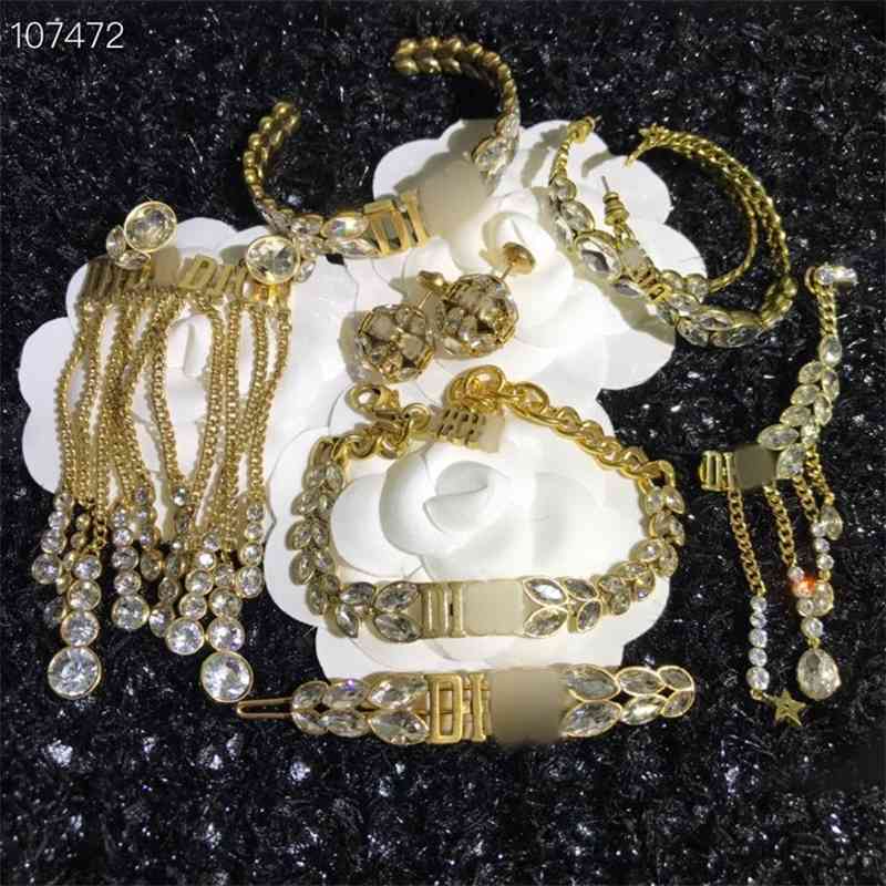 75% OFF Outlet Online family letter wheat Earrings women&#039;s net red belt drill tassel ear clip earrings classic Bracelet Set-image-711288087