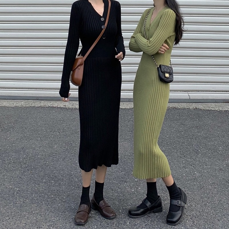 

V Neck Knitted Sweater Dress Autumn Winter 2021 Elegant Bodycon Vintage Casual Party Black Green Long Sleeve Knitwear Dresses, Black;gray