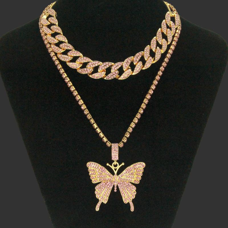 Pendant Necklaces Andshiny Punk Cuban Chain Double Layer Bling Butterfly Necklace Zircon Golden Choker Thick Charm Jewelry-image-720738097