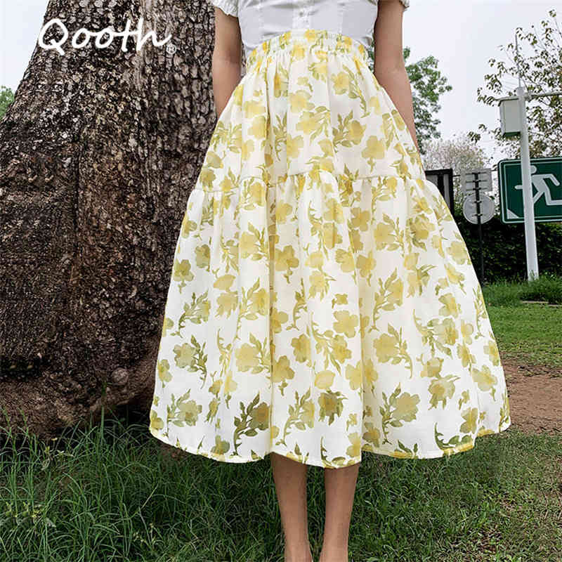 

Qooth Jacquard Office Lady Skirt Summer Elastic Waist Big Swing Printed Floral Skirt Retro All Match Sweet Lining Skirt QT677 210518, Blue