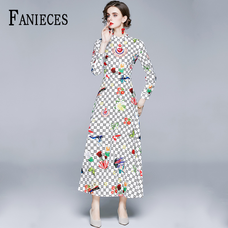 

Spring Summer Fall Fashion Designer Runway Dress Women Long sleeve White Floral Print Casual Holiday Maxi Dresses femme robe 210520