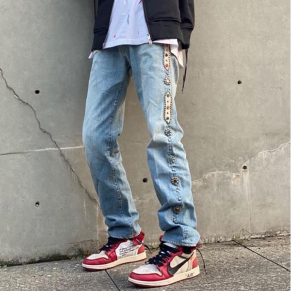 

KAPITAL Men Women Jeans High Quality Pants Vintage Washed Inlaid Gemstone Distressed Trousers Inside Tag