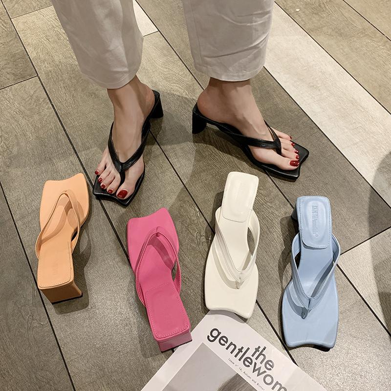 

Slippers 2021 Fashion Square Toe High Heels Shoes Women Leather Luxury Designer Ladies Street Beach Sandals Slides, Creamy-white