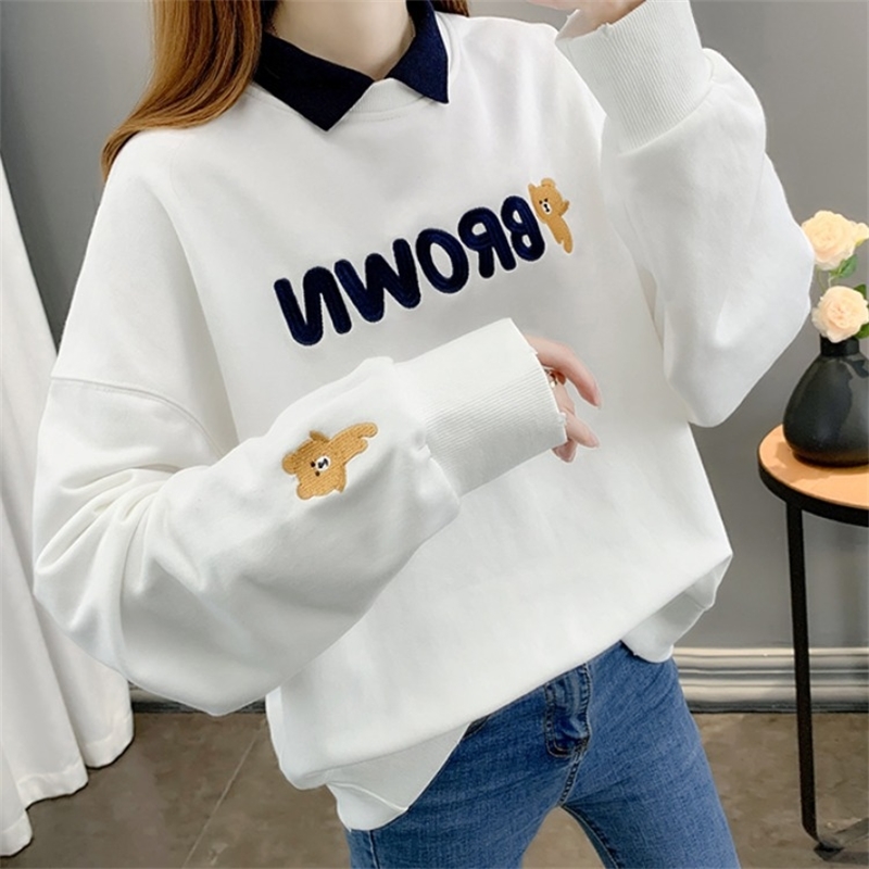 

2021 autumn aging baby collar sweater women' new Korean version student long sleeve T-shirt embroidered clothes, White