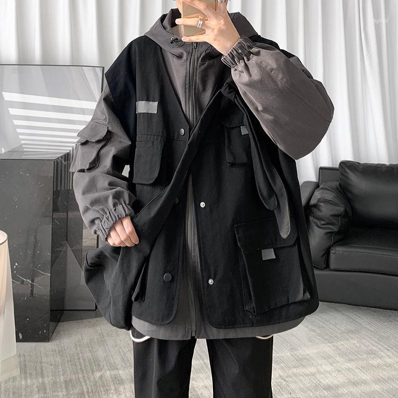 

Spring And Autumn Tooling Jacket Korean Fashion Loose Style Fake Two-Piece Men's Hooded Version Loose1