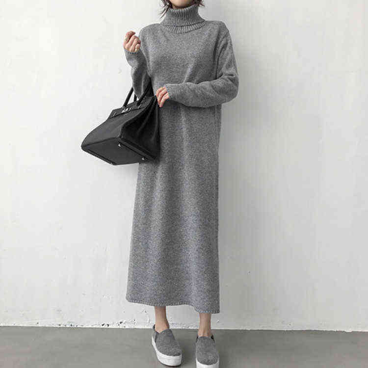 

Turtleneck Winter Womens Dress 2021 Fall Sweater Women Dress Long Sleeve Knitted Dresses Maxi Vintage Oversize Dresses Knitting G1223, Gray