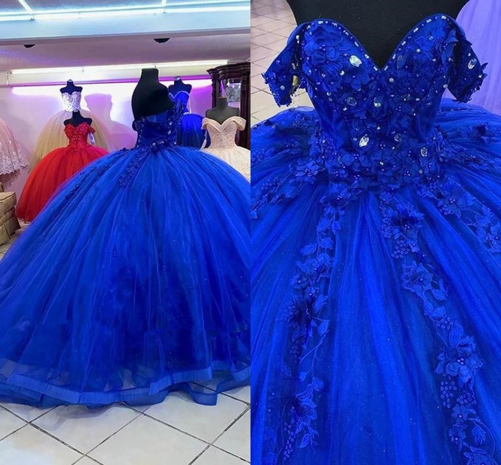 

2022 Royal Blue Prom Quinceanera Dress With Floral Flowers Lace Applique Ball Gowns Tulle Off Shoulder Sweet 16 Dresses Party, Silver