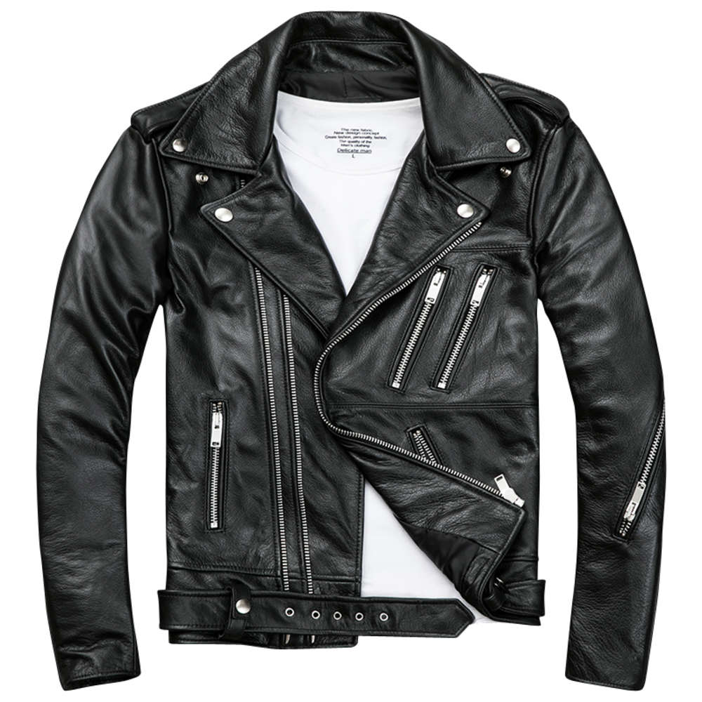 

Mens Black Biker Leather Jackets Coats Double Diagonal Zipper Cowhide Slim Fit Short Motorcycle Coats Male Tops