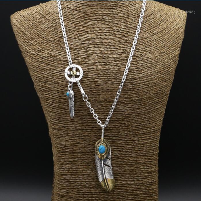 

45.5g Solid 925 Sterling Silver Feather Pendan Long Necklace Men Women Vintage Style Natural Blue Stone Designer Jewelry Chains