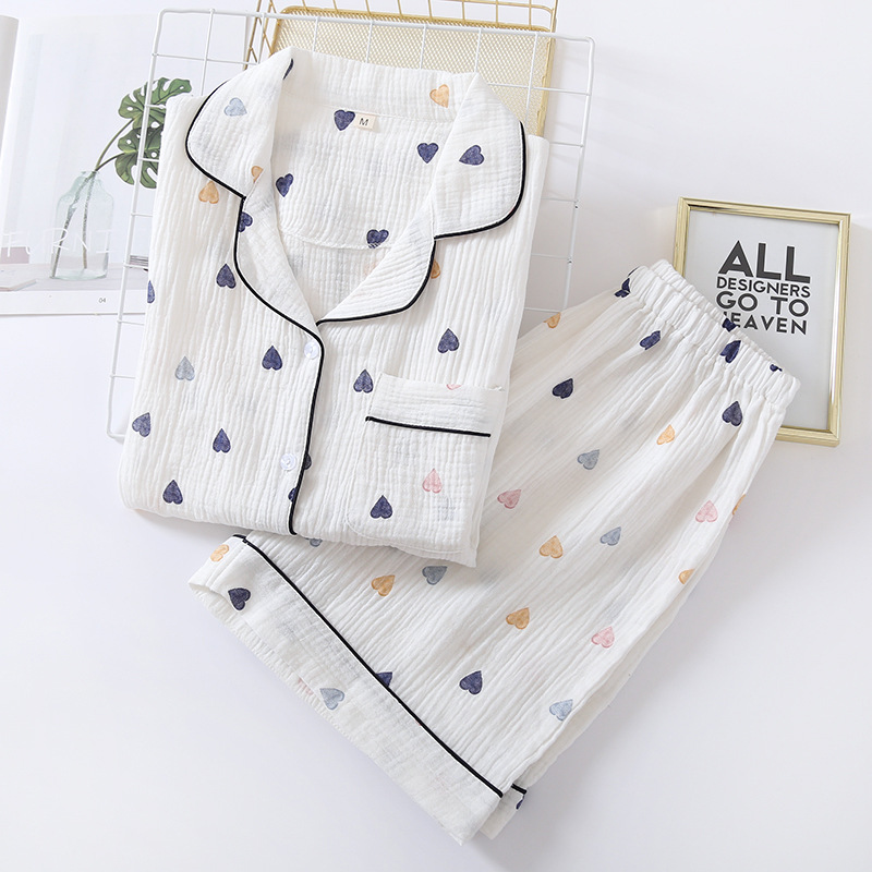 

Japanese summer new ladies cotton gauze short sleeve shorts pajamas suit cute heart-shaped thin section home service suit woman, White