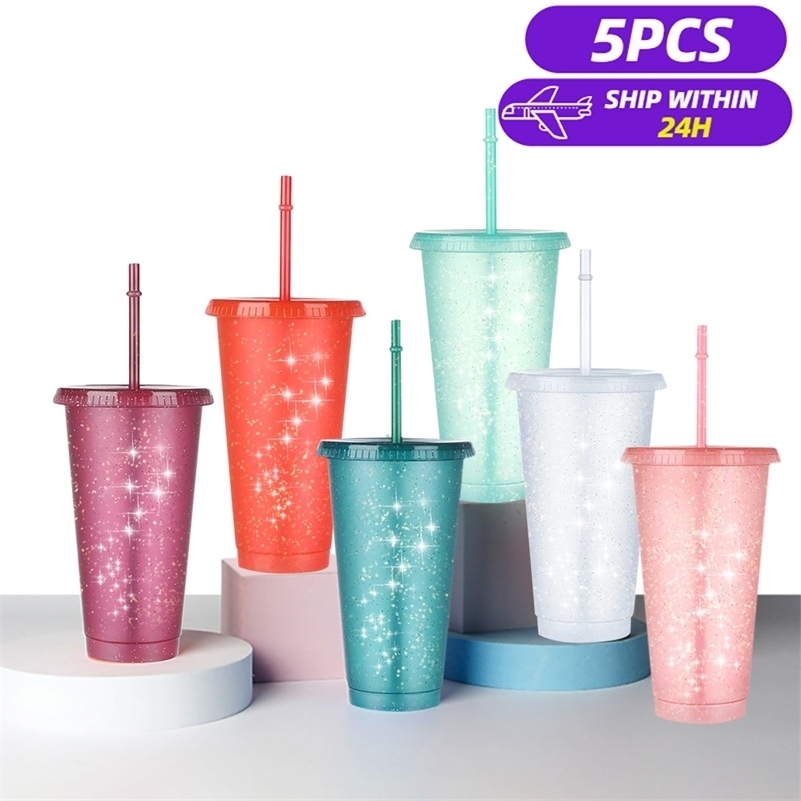 

5PCS Flash Powder Water Bottles For Girl With Straw Reusable Hard Plastic Tumbler lid Coffee Cup Drinkware Christmas Gift 220113