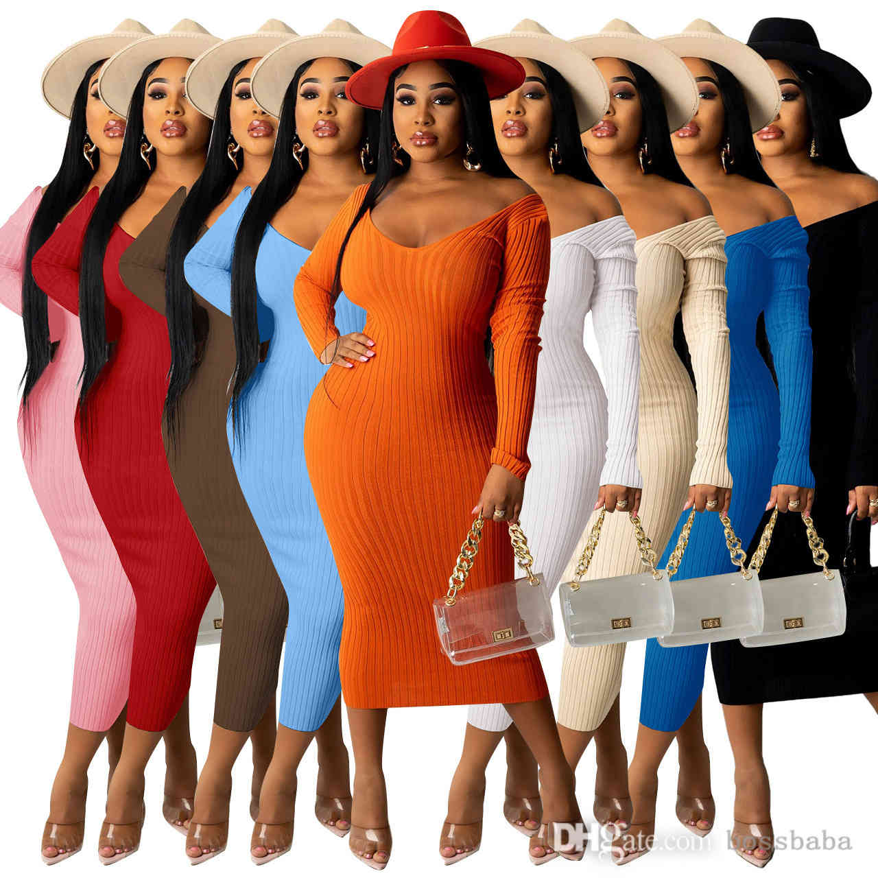 

Autumn And Winter V-neck Women Ribbed Knitted Dresses Fashion Off Shoulder Long Sleeve Solid Color Casual Maxi Skirt, Orange