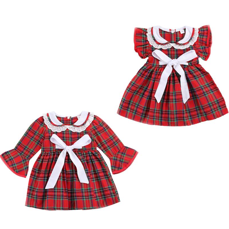

Girl's Dresses Infant Baby Girls Plaid Print Dress With Bow-knot, Flare Sleeve O-neck Lace Dresses, Children Casual Button-up Outfits, Red;yellow