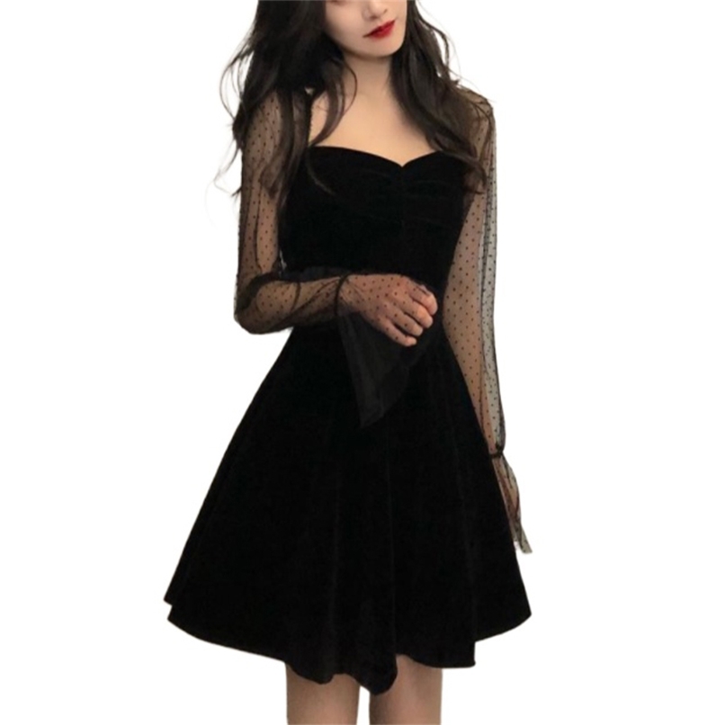 

Black Dress Lace Sexy Gothic Vintage Women Elegant Evening Party Club A line Puff sleeve Vestidos dress elegant 210520