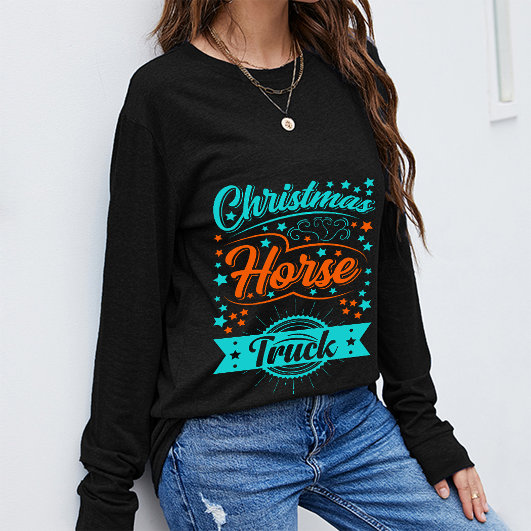 

Women T-shirt Autumn Winter Long Sleeve Street Wear Tops Christmas Pattern English Letters Printing Round Collar Tees Girls Casual Sport Loose Pullovers, Black 1