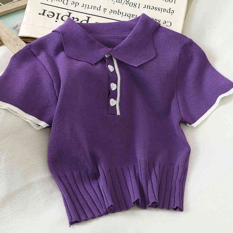 

Tees Purple Polo Shirt Women shirts Knitted Short Sleeve Casual Summer Peter pan Collar For 210518, White