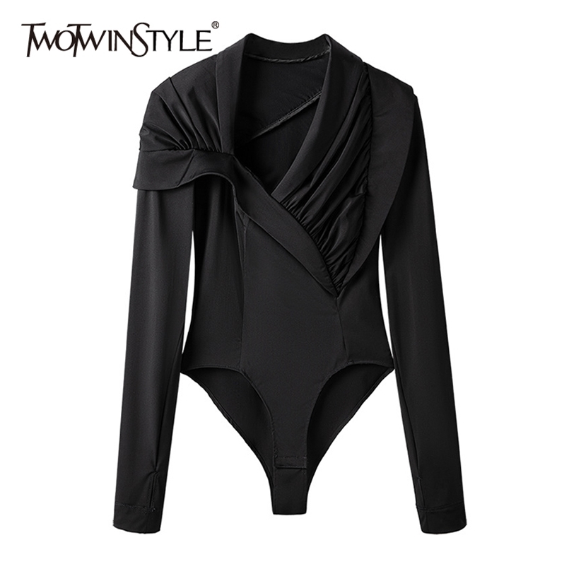 

Black Irregular Ruched Bodysuit For Women V Neck Long Sleeve High Waist Slim Sexy Jumpsuits Female Fashion 210521, Beige