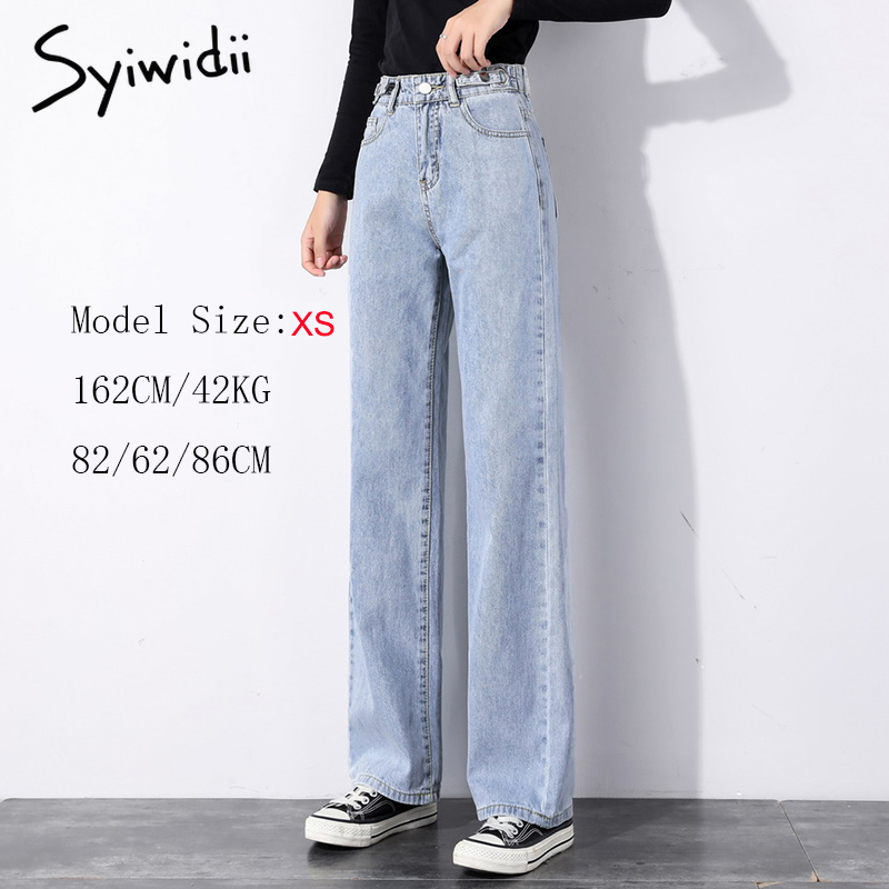 

2021syiwidii straight jeans women plus size high waisted denim pants wide leg vintage streetwear full length trousers spring summer, Blue