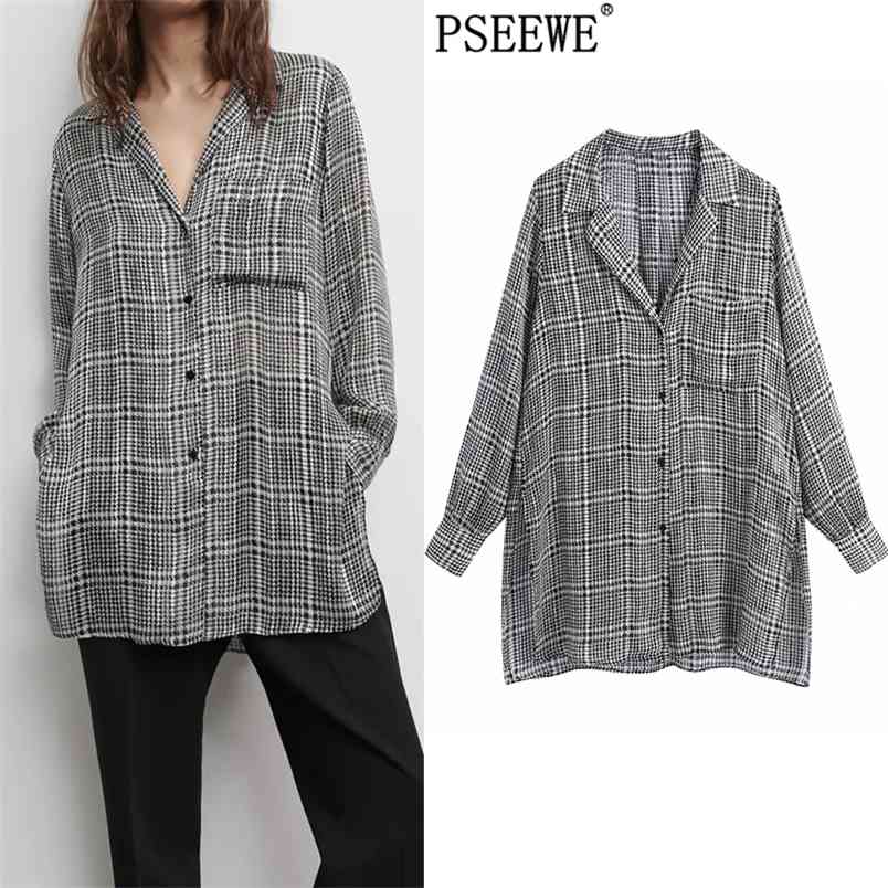 

Black Houndstooth Long Shirt Women Fashion Button Up Sleeve Oversize Plaid Female Large Size Blouses 210519