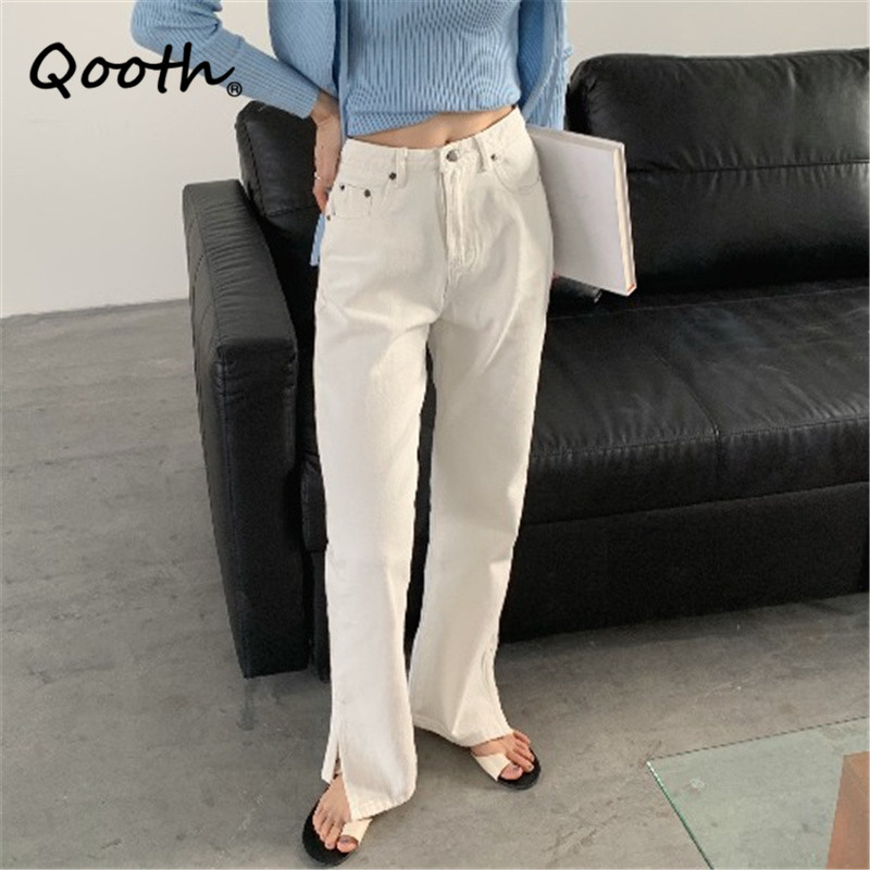 

Qooth Beige Straight Leg Split Jean Trousers Women' Wide Leg High Waist Loose Thin Jean Pants Summer Long Jean Trousers QT680 210518