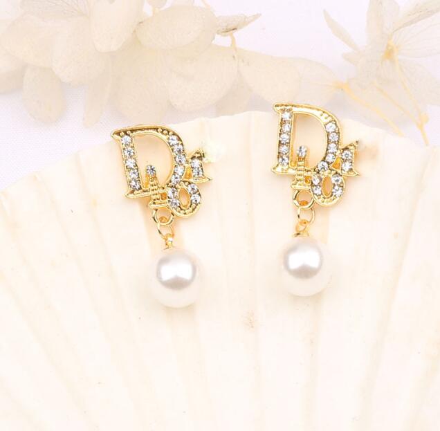 

17style 18K Gold Plated Copper Stud Luxury Designer Double Letters Ear Hook Geometric Famous Women Crystal Rhinestone Pearl Earring Wedding, Golden;silver