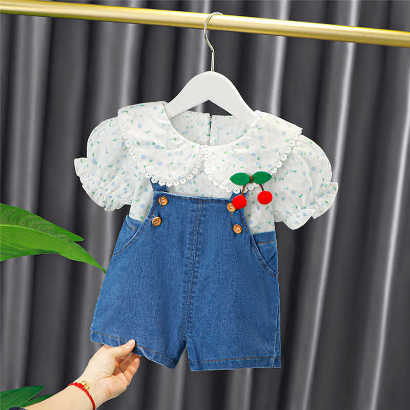 

HYLKIDHUOSE 2021 Summer Baby Girls Clothing Sets Toddler Baby Floral Lace Short Sleeve Shirt Denim Shorts Baby Children Clothes P0831, Green