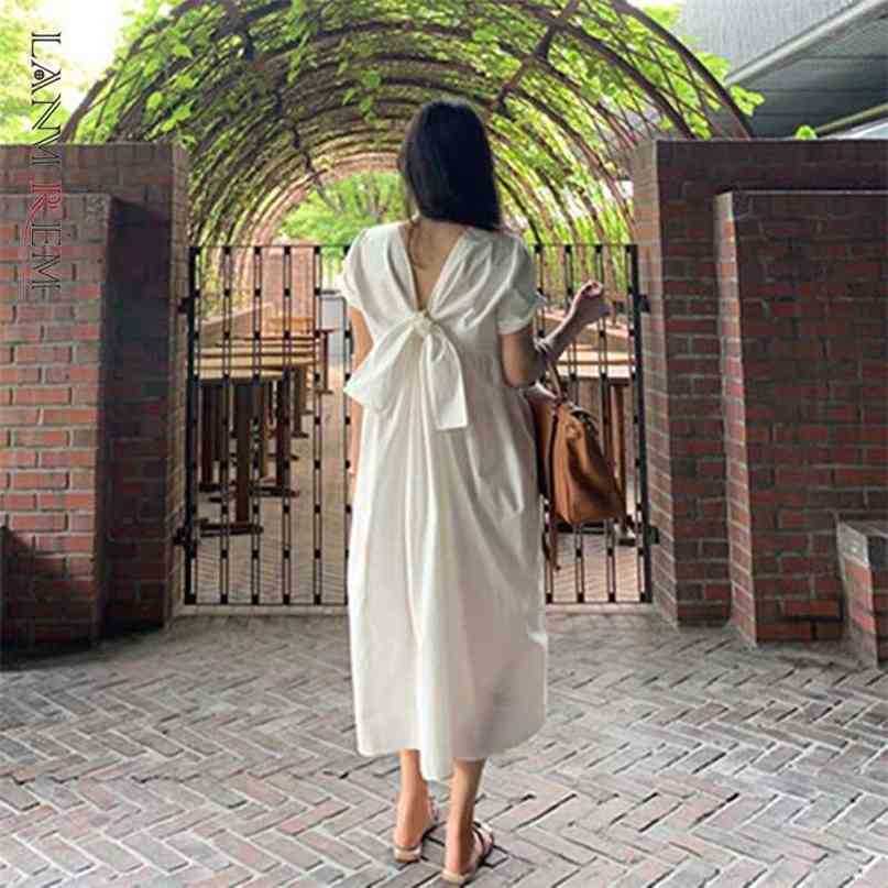 

Women's White Back Bow Mid-length Dress Round Neck Short Sleeve Loose Fit Fashion Trendy Summer 2E1315 210526