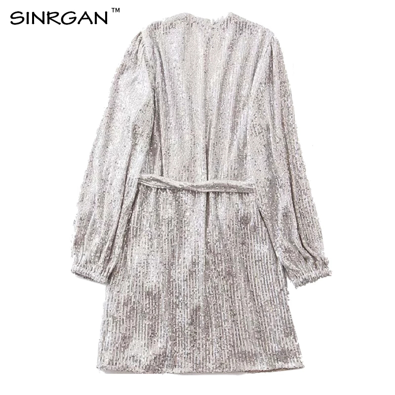 

2021nankey party silver glitter sequin dress women evening body occasion wrap dress sashes v neck mini vestidos, Black;gray