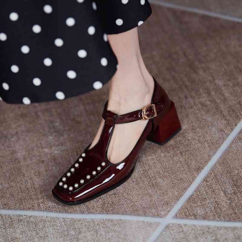 

Sandals spring/autumn female pumps square toe heels thick leather patent Mary janes solid pearl high women's fashion shoes JWKY, 1# shoe box