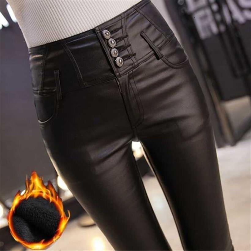 

single breasted stretch fleece winter womens pants pu warm pencil velvet trousers skinny leather, Black;white