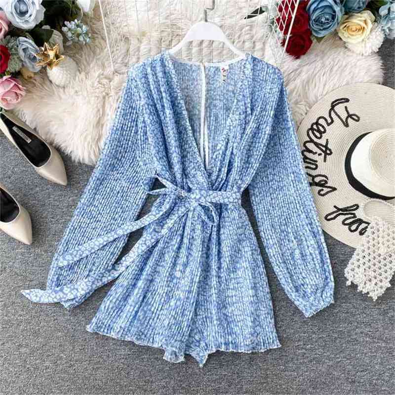 

Women Chiffon Rompers Fashion Spring Summer Long Sleeve High Waist Shorts Playsuits Woman Floral Print Beach Jumpsuits 210525, Sky blue
