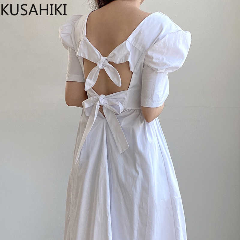 

KUSAHIKI Woman Dress Korean Chic Bow Tie Backless Vestidos Femme Summer Puff Sleeve O-neck Slim High Waist Vestidos 6J442 210602, Black