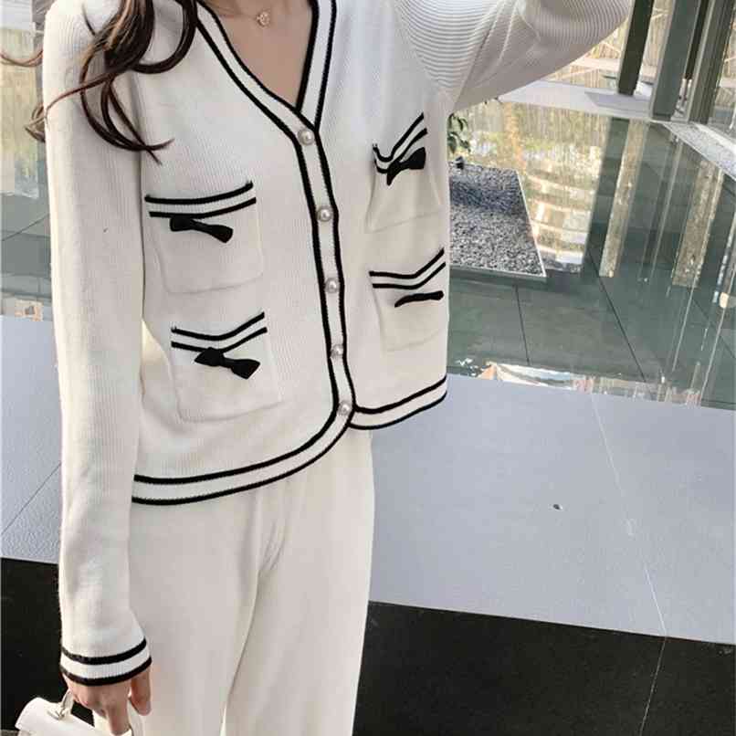 

Spring Tracksuits Sweater Suits 2 Piece Set Women Sweet Bow Pocket Cardigan Coat + Wide-Leg Pants Sets Trousers Outfits 210602, Black