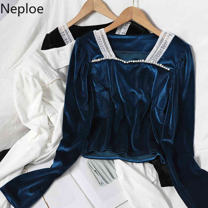 Neploe Square Collar Temperament Blouse Women Velvet Blouses Beading Short Korean Chic Shirt Tops Blusas Mujer De Moda 210422