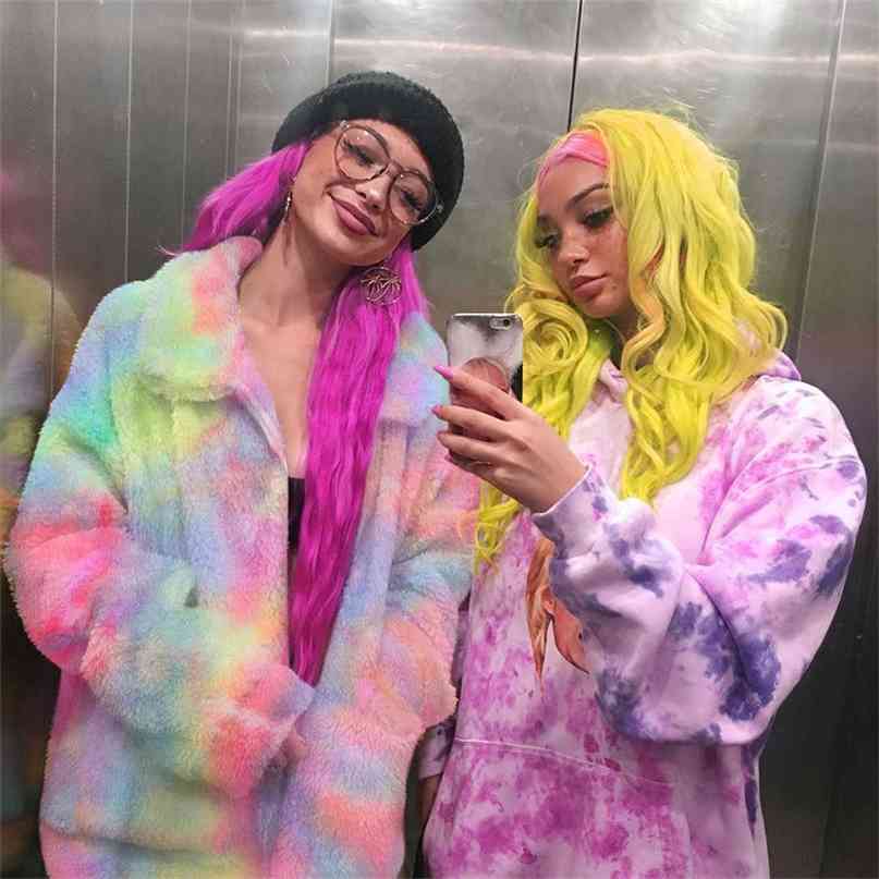 

Tie Dye Print Flurry Coat for Women Fashion Autumn Winter Pink Loose Overcoat Faux Fur Zipper Thick Warm Outerwear 210603