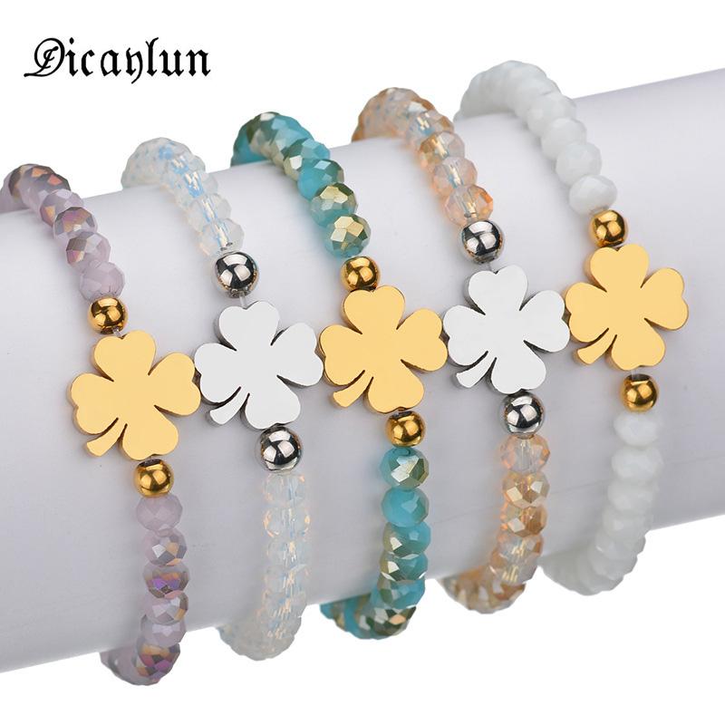 

Stainless Steel Clover Bracelet For Women Accessories Elastic Strand Bracelets Silver Gold Charm Lucky Female Gifts Beaded, Strands, Black