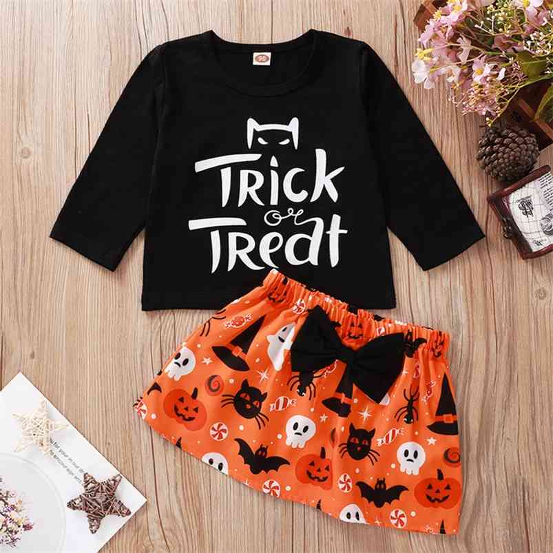

Autumn Children Sets Casual Long Sleeve O Neck Letter T-shirt Bow Halloween Style Skirts 2Pcs Girls Clothes 6M-4T 210629, Black