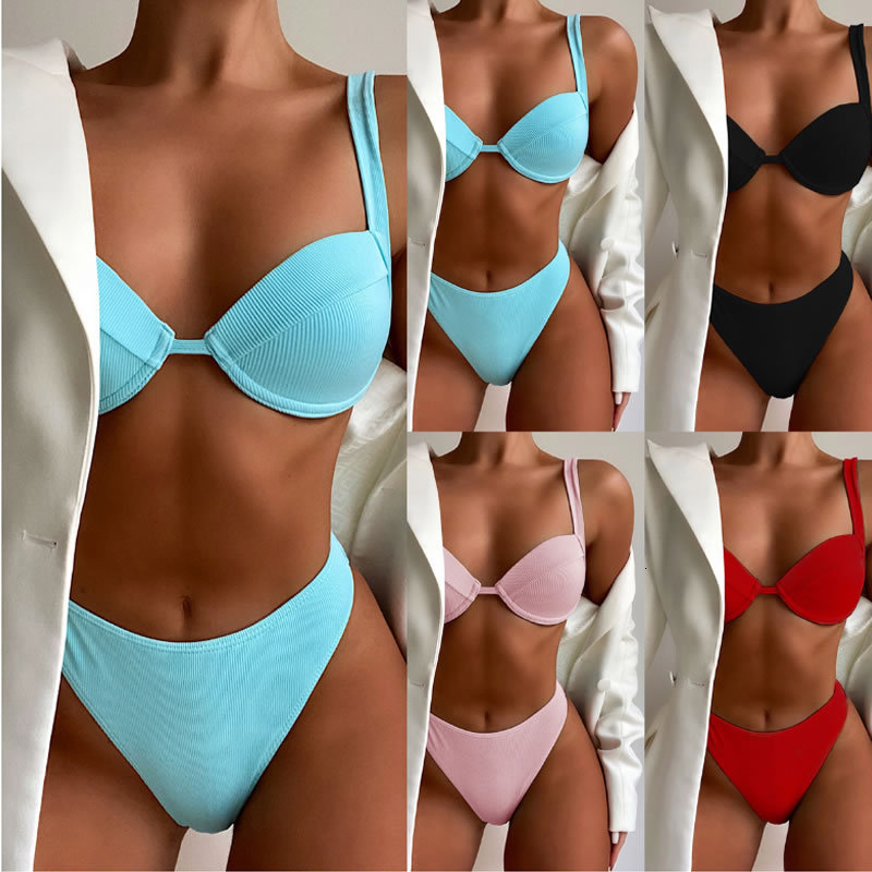 Split Swimsuit Solid Color Women&#039;s Sexy Gathered Hard Cup Bikini-image-673948838